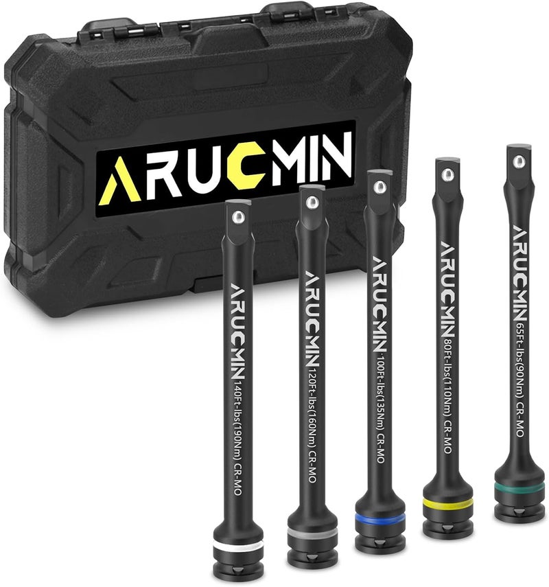 ARUCMIN 1/2" Drive Torque Limiting Extension Bar Set, 5-Piece Lug Nut Torque Stick Set With 8 Inch Color-Coded 65 to 140 Ft-Lbs Torque Sticks - Image 1
